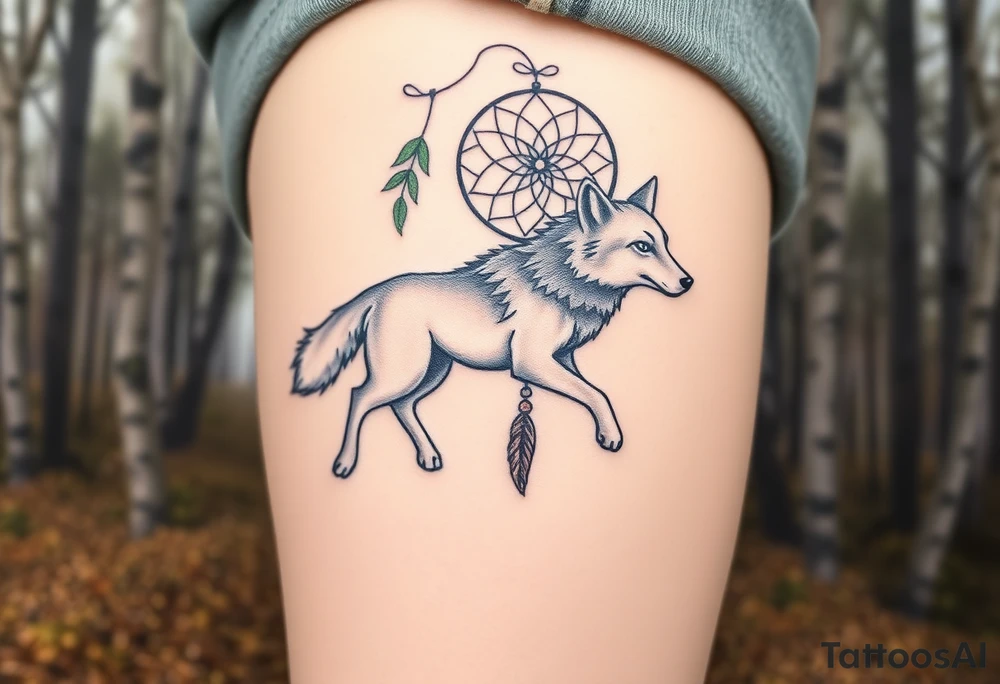 A wolf running through the woods, with dreamcatcher rings woven into the landscape. The wolf’s fur is shaded in shades of gray and white, while the dreamcatcher is adorned with green leaves and earthy brown tones tattoo idea