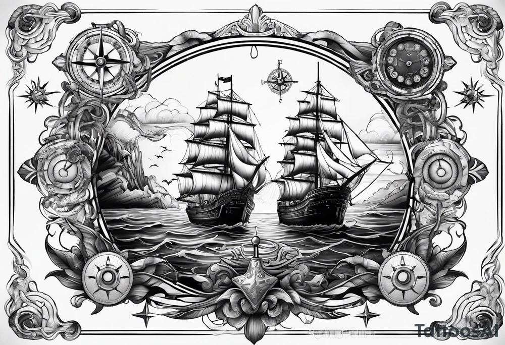 nautical vibe with various oceans, maps, waves, compass. tattoo idea nautical vibe with various oceans, maps, waves, compass. tattoo idea