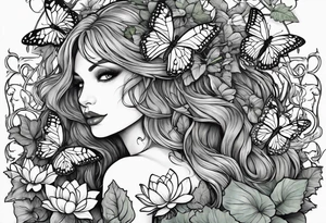 poison ivy wrapped around a hand holding water lilies surrounded with butterflies around with “Zane”, “Nate”, “Jaiden” tattoo idea