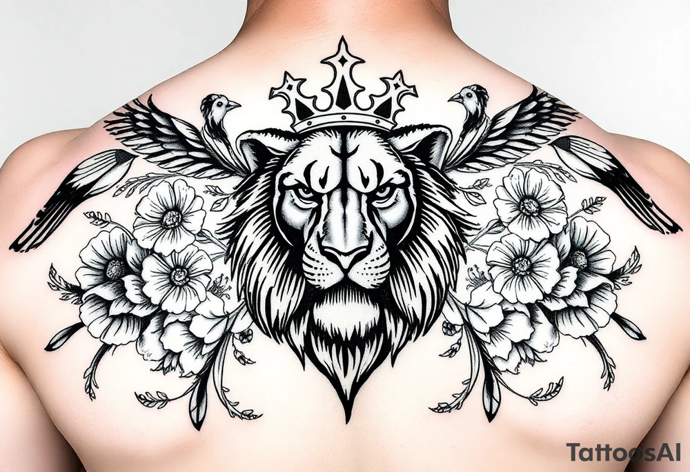 powerful majestic lion with a crown, surrounded by floral ornaments and birds tattoo idea