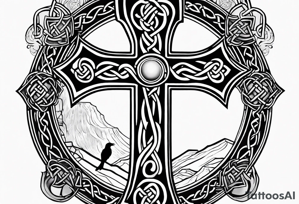 A stone Celtic cross, standing solemnly, with a raven perched on the arm of the cross tattoo idea