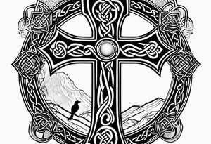 A stone Celtic cross, standing solemnly, with a raven perched on the arm of the cross tattoo idea