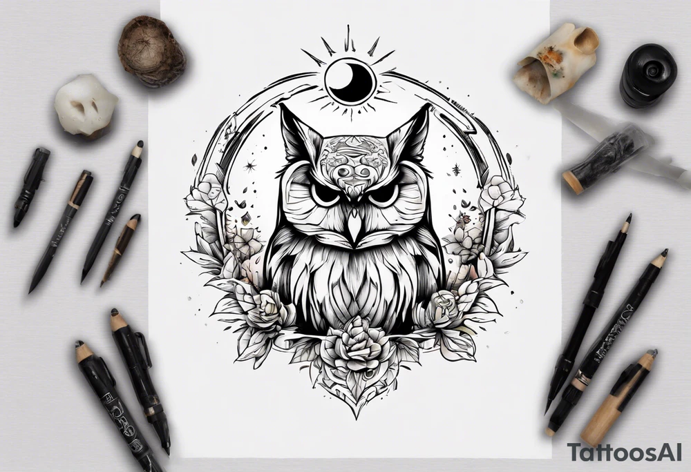 halb 
Fuchs halb Eule unter der Sonne mit dem Schriftzug Sapere Aude tattoo idea