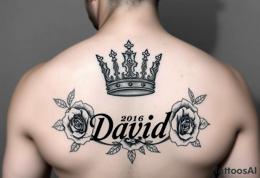 Medium side king crown above the name David and roses Tatoo idea tattoo idea