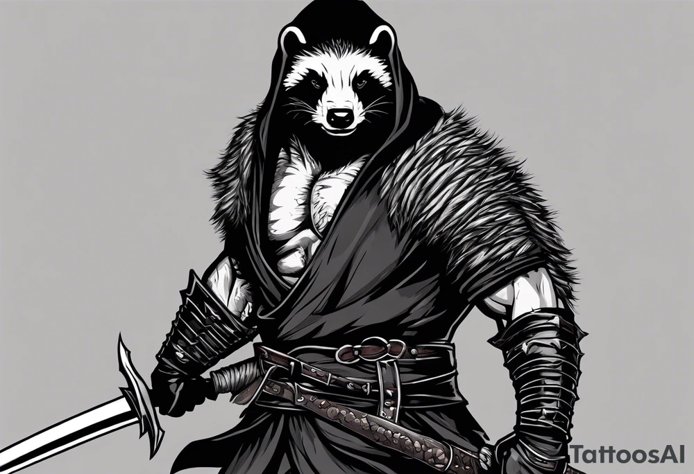 Draw me psychopath Honey Badger/Berserker/Assassin with aggressive full body, killer face with a scary smile, very long nails and he attacks like a Bloody Assassin/Warrior/Gladiator to us and also, he has very deadly looking. He fights with his nails only. Everybody scares after their first sight. Give me horror type Badger Tattoo. I want to see his Realistic full body with no weapons. You can show destruction at the back. tattoo idea