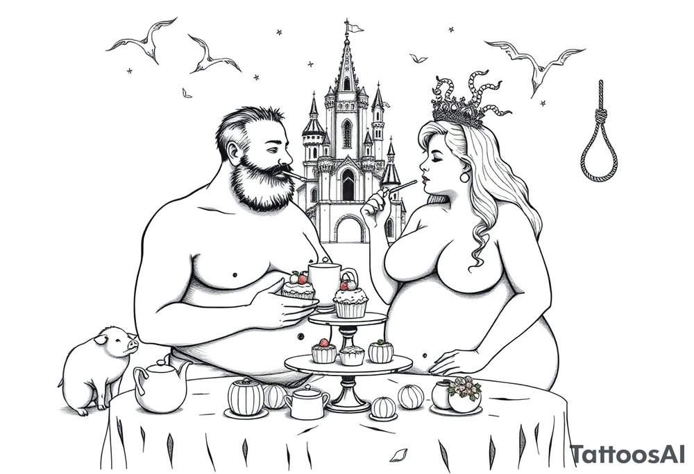 Naked Man and fat woman having sex eating cupcakes and  fruit  having sexy naked fat lady having a tea party with tea pots  with medieval castle  
with mystical  aries a pigs, peacock,  lion, goat, noose and smoking cigerettes looking in the mirror thru storm clouds and broken hearts and darkness and wrath, envy , gluttony, greed, sloth, pride . Gothic tattoo idea