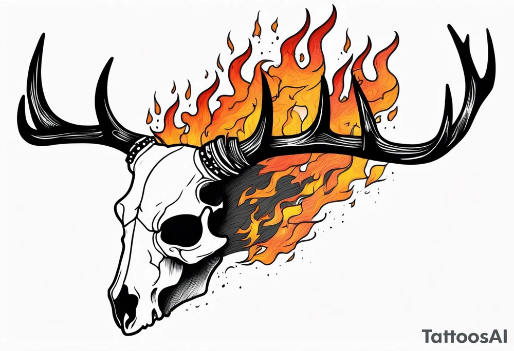 Scary side profile of a DECAYING deer skull JUST BONE surrounded by a flames and trees tattoo idea