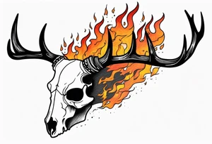 Scary side profile of a DECAYING deer skull JUST BONE surrounded by a flames and trees tattoo idea