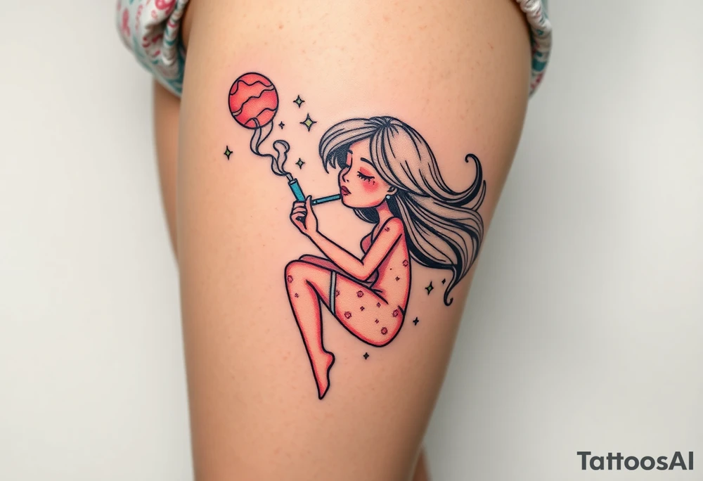 Girl smoking while floating in space tattoo idea