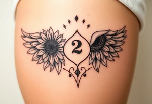 sunflower, wings, or halo with a 2 of clubs tattoo idea