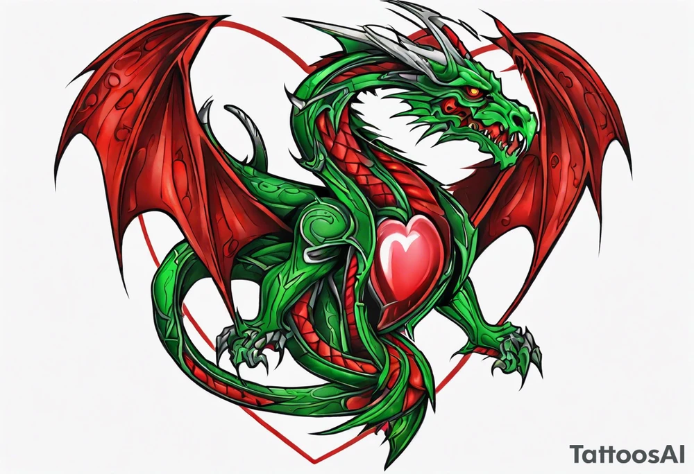 red dragon with green-stone heart tattoo idea
