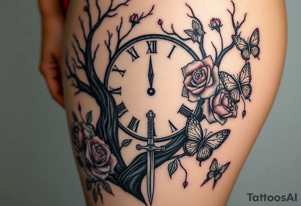a big clock behind the big poisoned tree, big and small roses, big and small butterflies with a sword tattoo idea