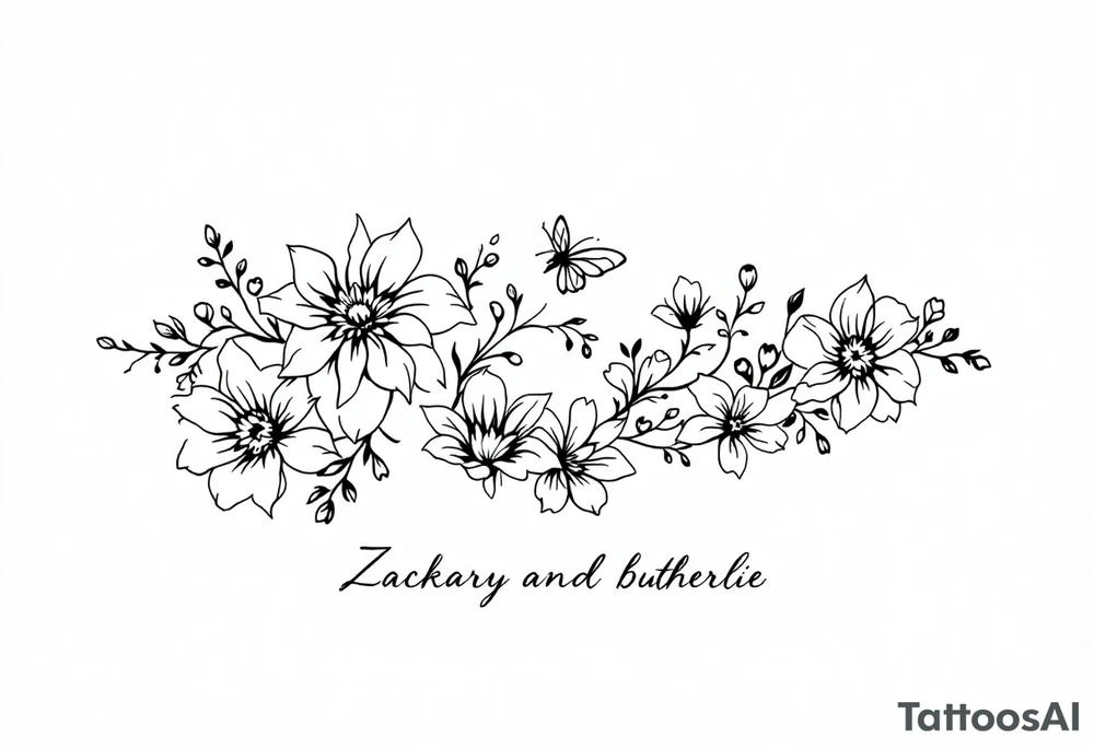 Flowers, heart and buttherfly with name Zackary and Charlie tattoo idea