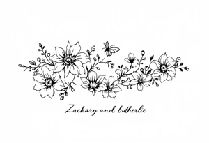 Flowers, heart and buttherfly with name Zackary and Charlie tattoo idea