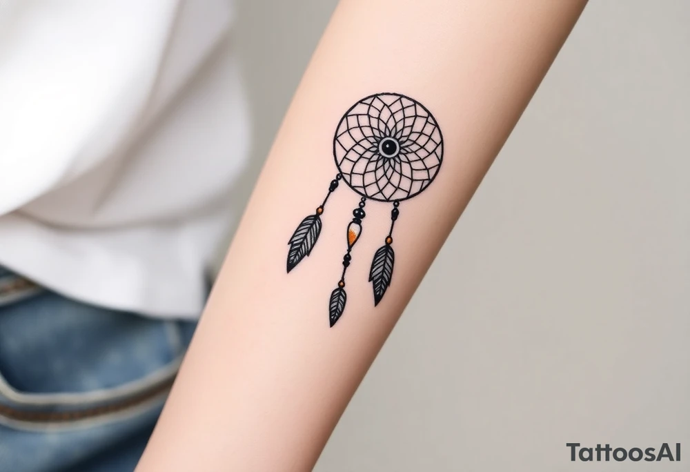 native dreamcatcher with flowing feathers and sacred beads tattoo idea