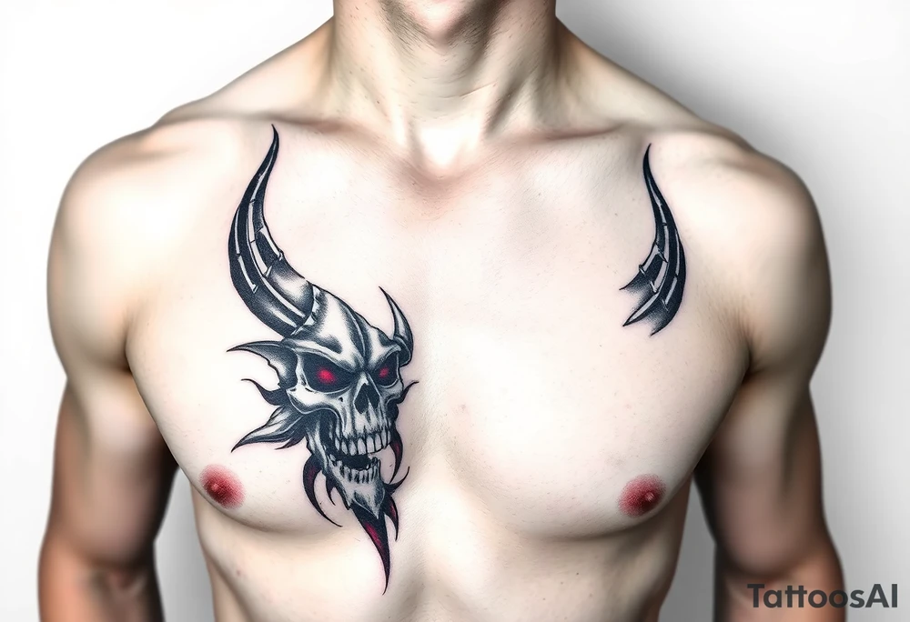 Demon skull black and red on left chest male tattoo idea