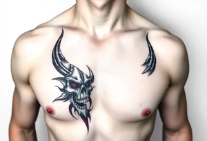 Demon skull black and red on left chest male tattoo idea
