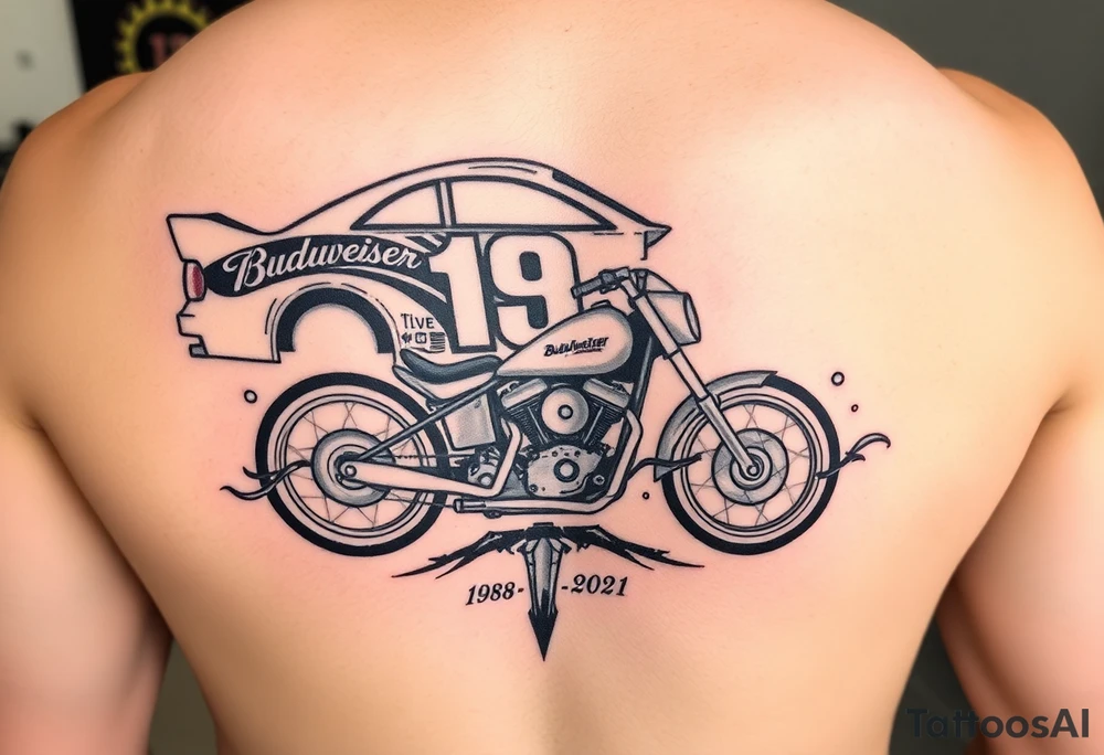 Dale Earnhardt car on it with the year 1958 - 2021 intertwined with a motorcycle with a Budweiser logo on it tattoo idea