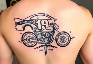 Dale Earnhardt car on it with the year 1958 - 2021 intertwined with a motorcycle with a Budweiser logo on it tattoo idea