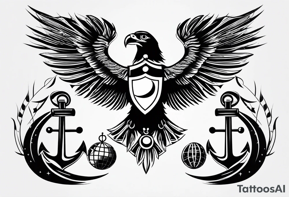 minimalist tribal tattoo with an eagle, globe, and anchor infused with the art tattoo idea