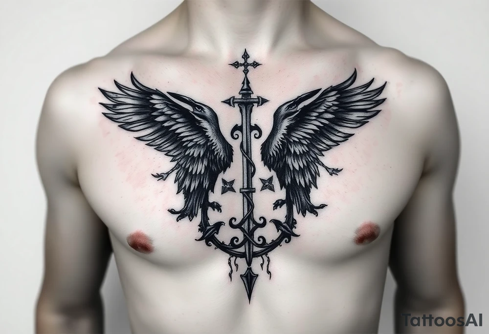Chest tattoo, two ravens and icelandic symbols, dark brest tattoo tattoo idea