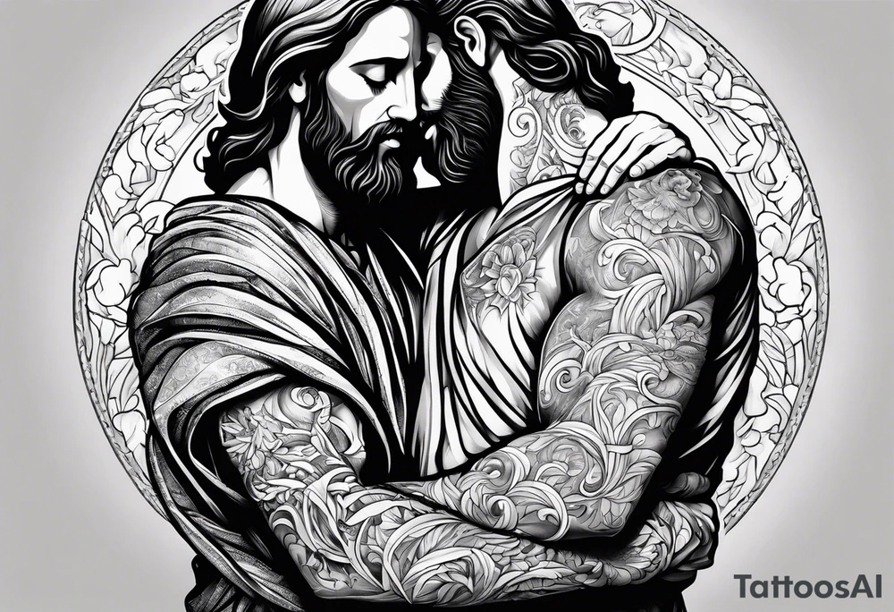 Jesus Christ wrapping his arms around a man in the fetal position. tattoo idea