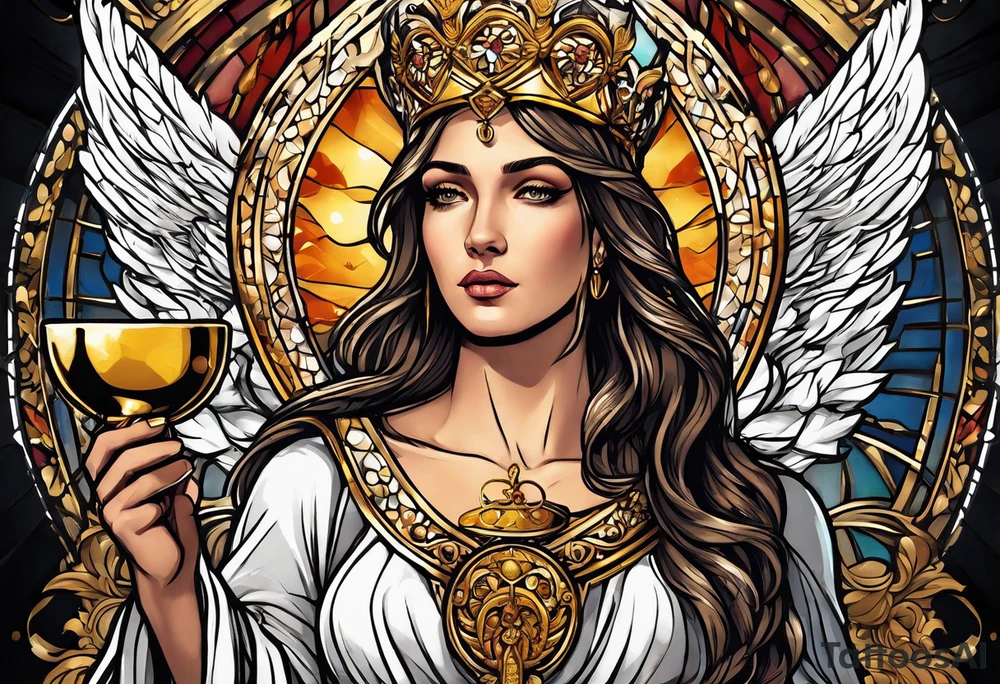 woman saint holding chalice surrounded by golden halo sideways tattoo idea