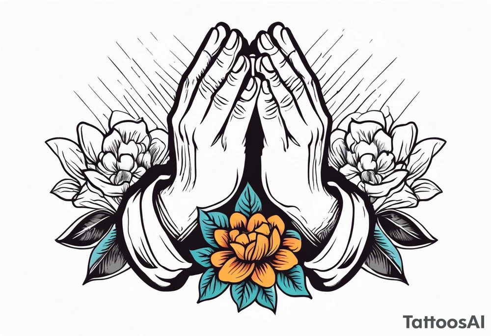 praying hands

old school vintage simple traditional design with vintage flowers surrounding
bold color simple tattoo idea