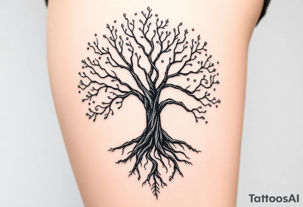 mystical tree of life with cosmic roots and celestial branches tattoo idea