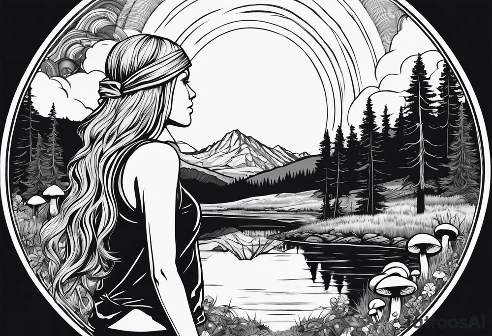 Whole picture encircled fully

Straight long blonde hair hippie girl in distance holding mushrooms in hand facing away toward mountains and creek surrounded by mushrooms long sleeve shirt and hiking pants; whole rendering within a full circle, no cut off circle tattoo idea