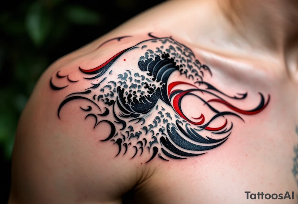 A tribal-style wave in bold black with red accents sweeps across the shoulder blade. tattoo idea