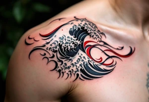 A tribal-style wave in bold black with red accents sweeps across the shoulder blade. tattoo idea