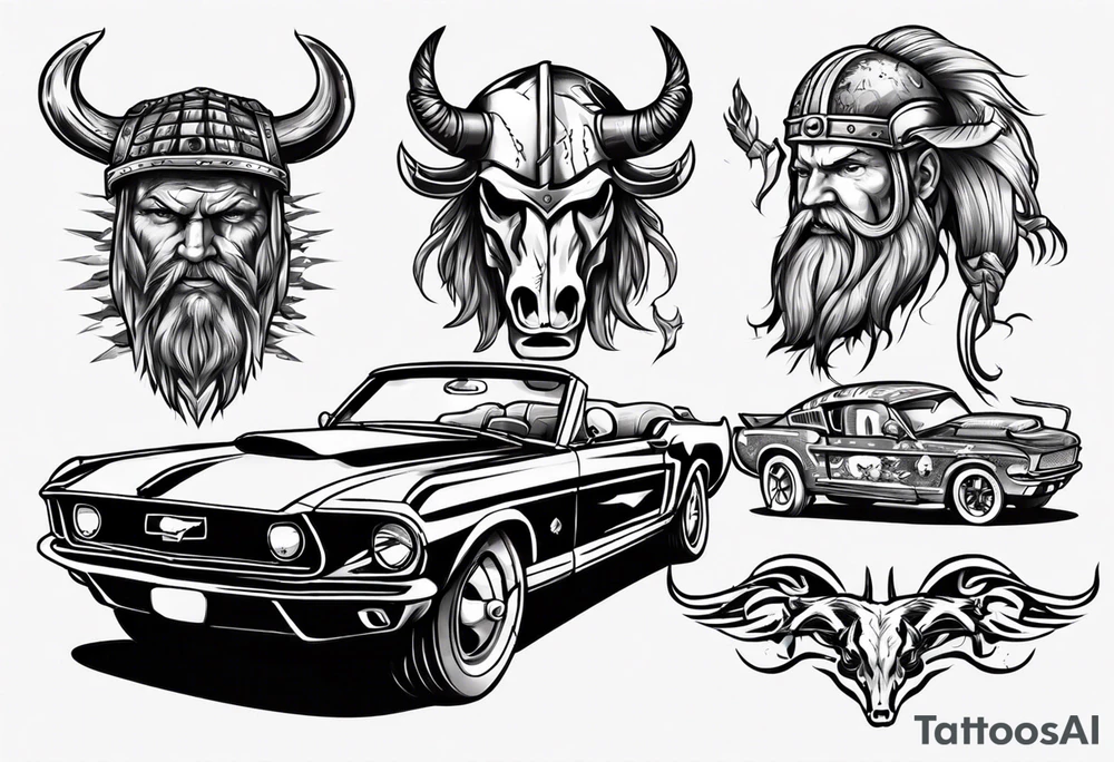 Viking head with a old mustang car tattoo idea