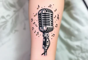 Vintage Microphone Tattoo – A classic, detailed black and gray tattoo of a vintage microphone with intricate shading, surrounded by musical notes floating around it in soft gold and bronze hues. tattoo idea