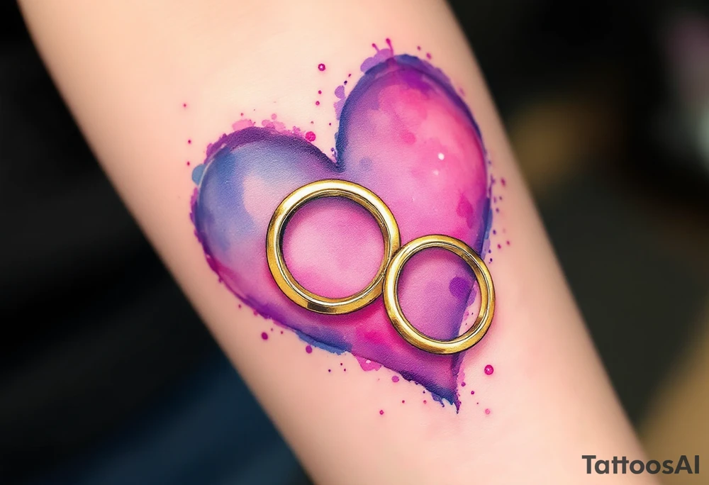 A soft, watercolor heart painted in shades of pink and purple, with two intertwined gold wedding rings placed in the center. Soft pinks, lavender, gold, and touches of light blue for a dreamy vibe. tattoo idea