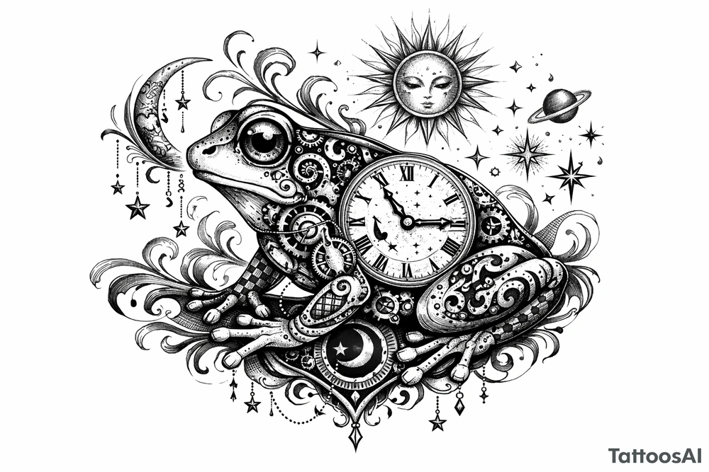 Surrealist frog with clockwork gears and celestial motifs. tattoo idea