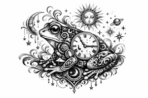 Surrealist frog with clockwork gears and celestial motifs. tattoo idea