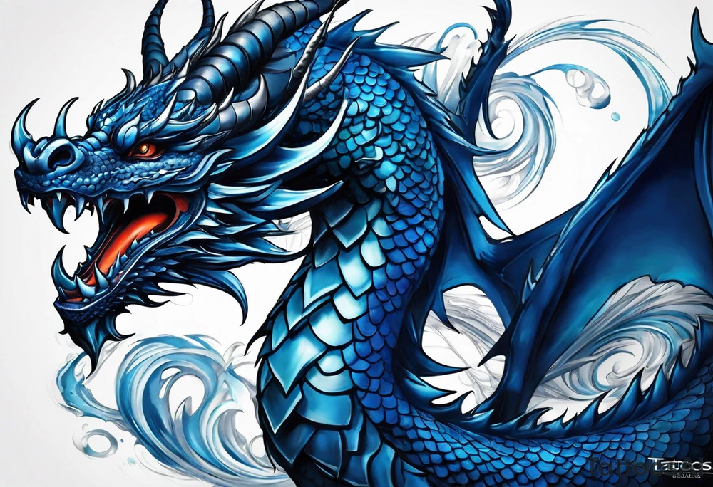 An epic floating dragon. Its long body coiling dynamically, with scales and horns detailed to create a sense of movement and strength. The dragon's main color is midnight blue, giving a vibrant depth and a mystical aura. This tattoo highlights the dragon’s fierce expression and sharp claws. tattoo idea