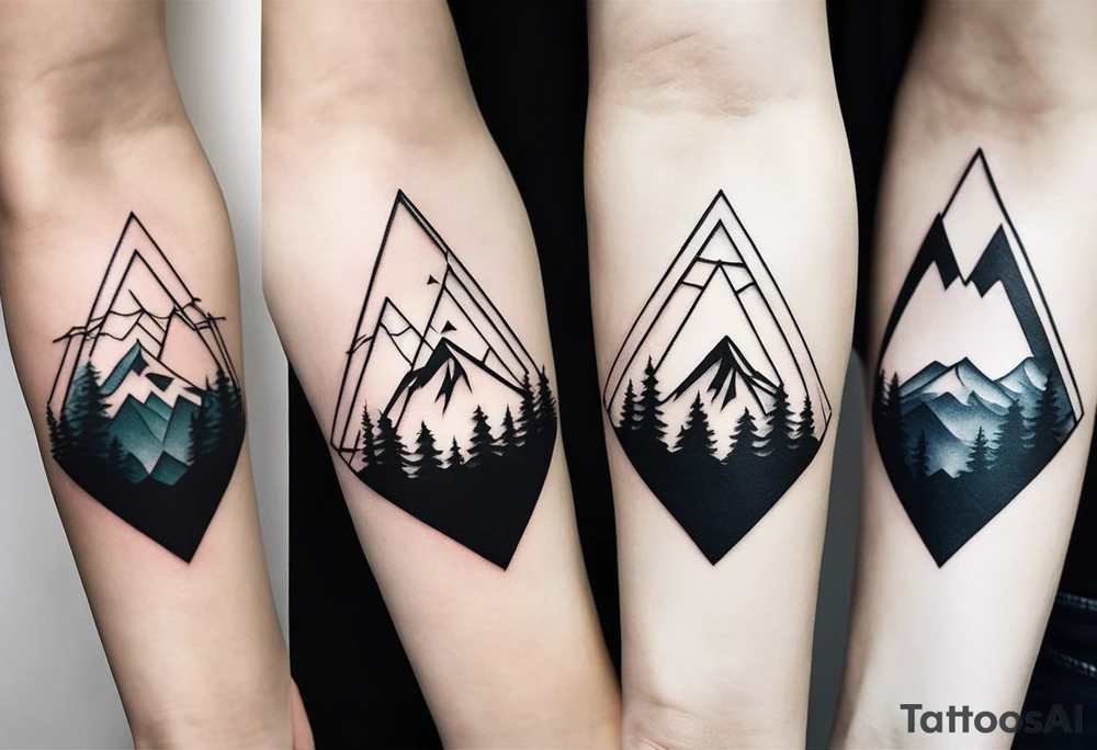 Designing a tattoo based on three mountains and three trees can result in a beautiful and symbolic piece of art. Here's a description of a possible design:

The tattoo features three majestic mountains, each representing strength, endurance, and challenges in life. The mountains are depicted in a minimalist style, with clean lines and geometric shapes, symbolizing the peaks that one aims to conquer.

Intertwined with the mountains are three trees, each representing growth, resilience, and connection to nature. The trees are depicted with intricate details in their branches and leaves, symbolizing the deep roots and branches of life experiences and personal growth.

The composition of the tattoo can be designed in a circular or triangular pattern, with the mountains and trees arranged in a balanced and harmonious way to symbolize the unity of nature and personal journey.

The tattoo can be inked in black and gray ink to highlight the contrast between the mountains and trees, or in a colorful palette to represent the beauty and diversity of the natural world.

Overall, this tattoo design serves as a powerful symbol of personal growth, endurance, and connection to nature, reminding the wearer of their inner strength and resilience in overcoming life's challenges. tattoo idea