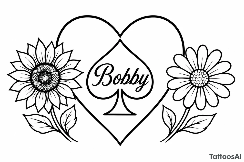 Bobby middle center inside the middle of the spade with a heart around the spade with a sunflower and a daisy on each side of the heart very super extremely traceable to trace onto notebook paper, very super extremely easy and simple traceable tracing black and white outlining outline coloring pages very super extremely traceable to trace onto notebook paper tattoo idea