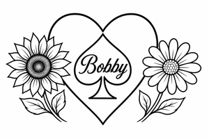 Bobby middle center inside the middle of the spade with a heart around the spade with a sunflower and a daisy on each side of the heart very super extremely traceable to trace onto notebook paper, very super extremely easy and simple traceable tracing black and white outlining outline coloring pages very super extremely traceable to trace onto notebook paper tattoo idea