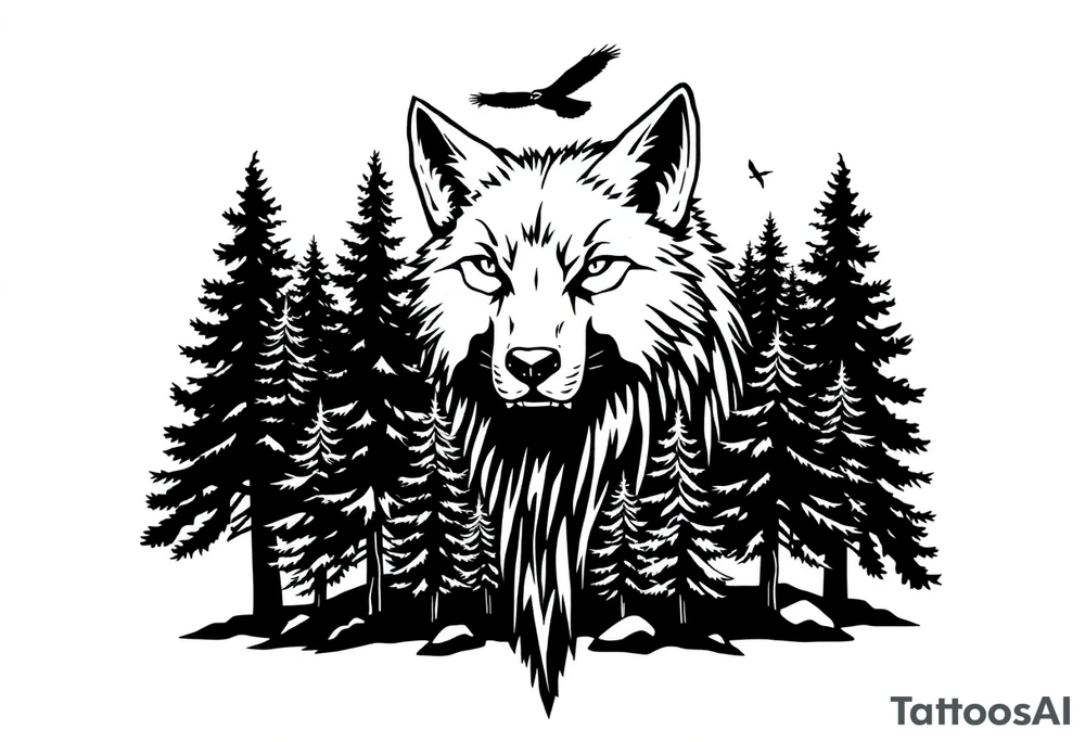 Wolf head surrounded by large pine trees growing from black ground and very small ravens flying overhead tattoo idea