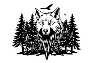 Wolf head surrounded by large pine trees growing from black ground and very small ravens flying overhead tattoo idea
