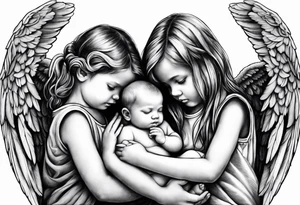 Six angels praying together.Three boys and girls angels, with their wings gently unfolding a baby angel in a protective embrace tattoo idea