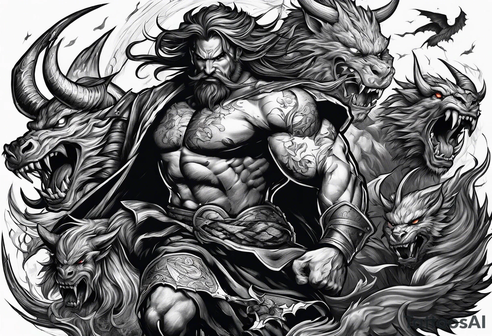 man fighting  demons in a battle field tattoo idea