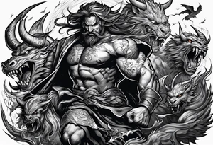 man fighting  demons in a battle field tattoo idea