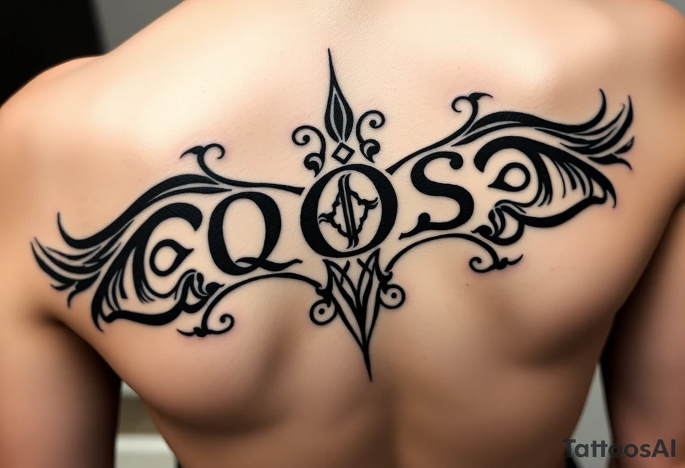 text reading "QOS" across a womb tattoo tattoo idea