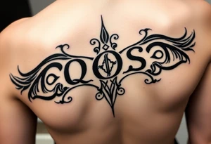 text reading "QOS" across a womb tattoo tattoo idea