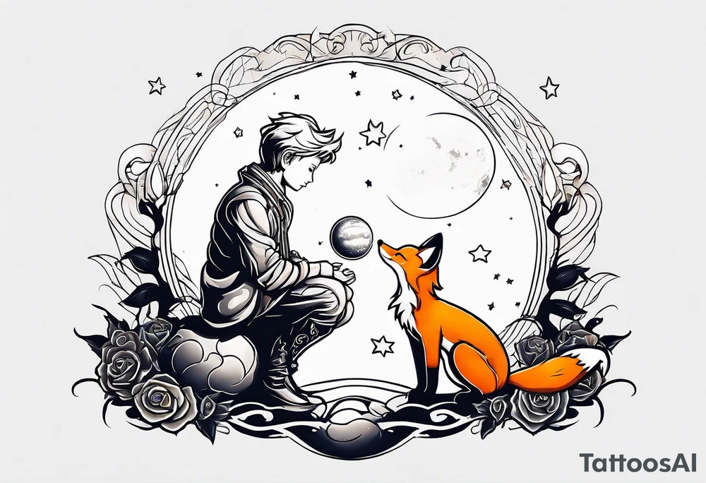 The Little prince sitting on his planet toghether with the fox on his planet besides his rose. Both are watching into the sky tattoo idea