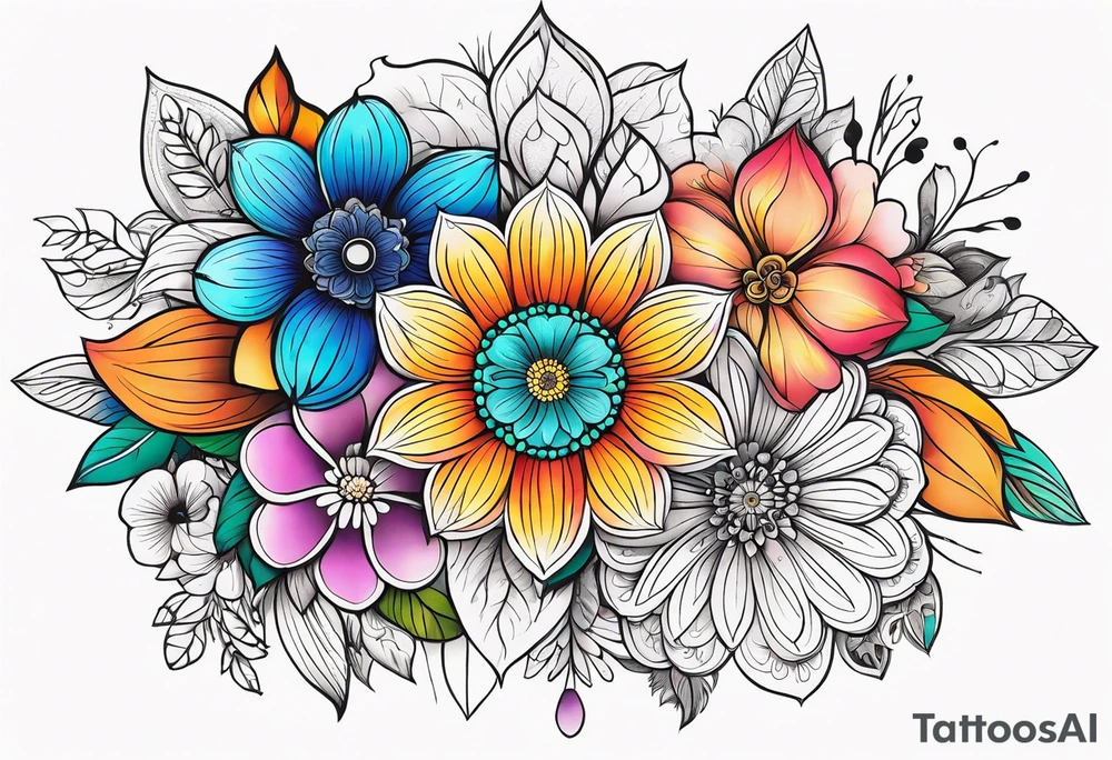 Flowers mandala, colorful, horizontal, botanical tattoo idea